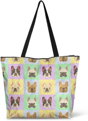 Daisy Flower Eco-Friendly Paper Tote Bag, French Bulldog Collie Dog Reusable Handbag Leopard Tote Bag for Women