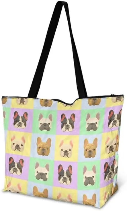 Daisy Flower Eco-Friendly Paper Tote Bag, French Bulldog Collie Dog Reusable Handbag Leopard Tote Bag for Women