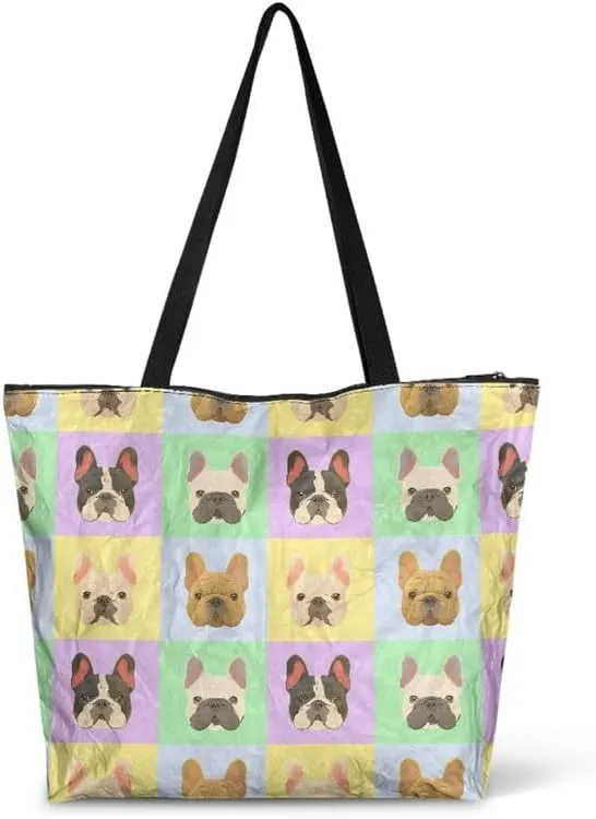 Daisy Flower Eco-Friendly Paper Tote Bag, French Bulldog Collie Dog Reusable Handbag Leopard Tote Bag for Women