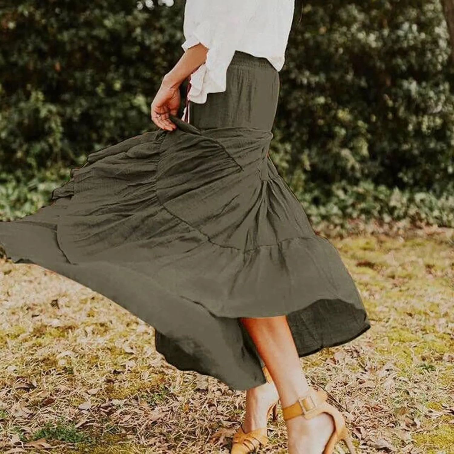 Denim Skirts Women's Summer Elastic High Waist Boho Maxi Skirt Casual Drawstring A Line Long Skirt High Skirt