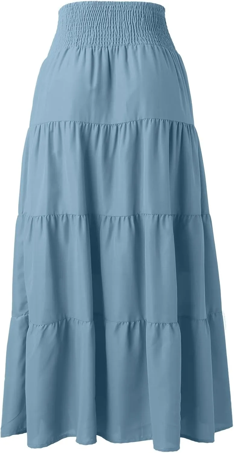 Denim Skirts Women's Summer Elastic High Waist Boho Maxi Skirt Casual Drawstring A Line Long Skirt High Skirt