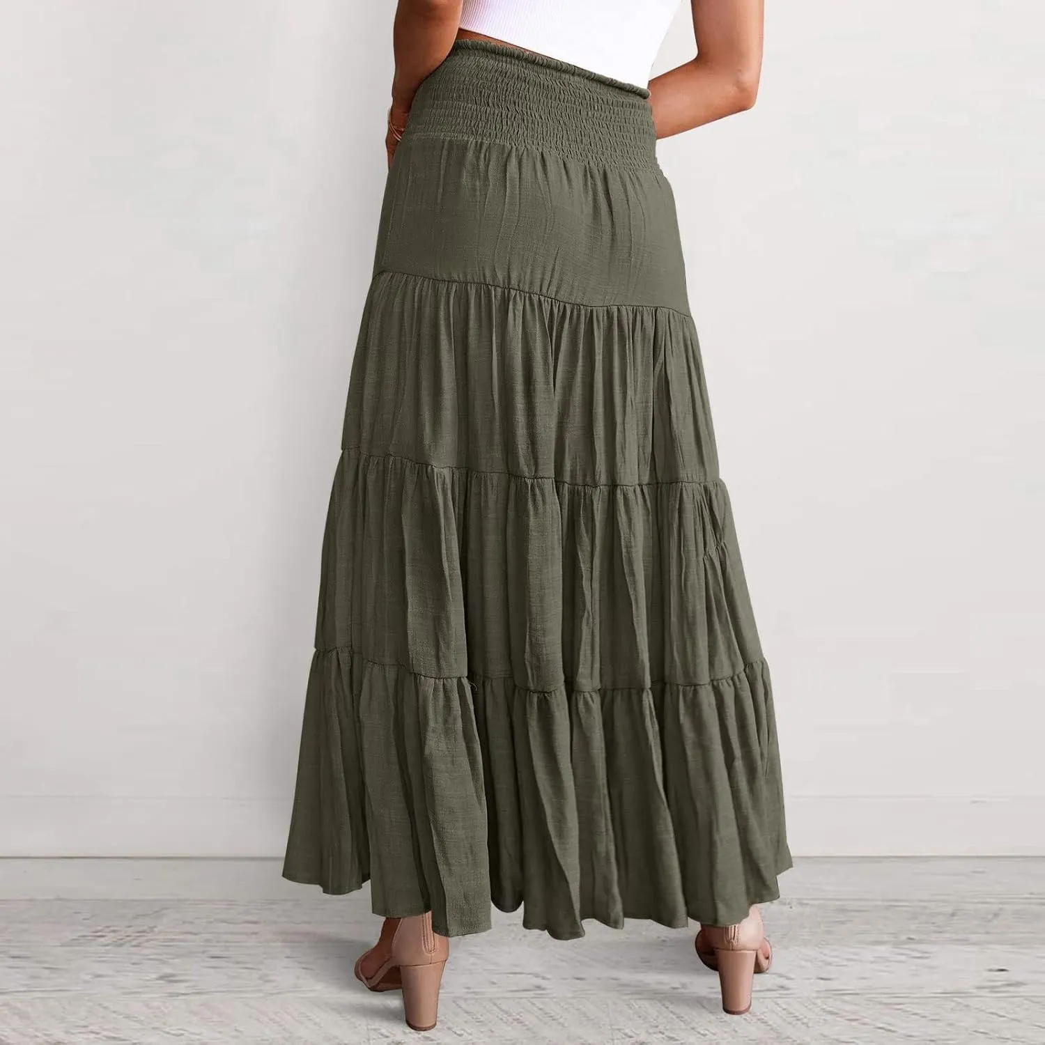 Denim Skirts Women's Summer Elastic High Waist Boho Maxi Skirt Casual Drawstring A Line Long Skirt High Skirt