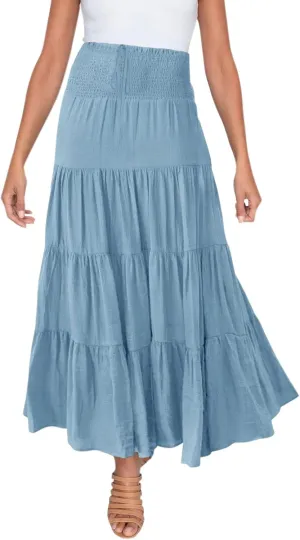 Denim Skirts Women's Summer Elastic High Waist Boho Maxi Skirt Casual Drawstring A Line Long Skirt High Skirt