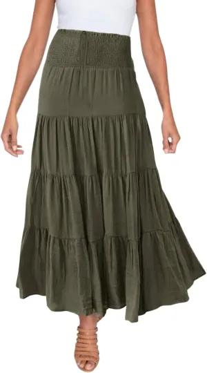 Denim Skirts Women's Summer Elastic High Waist Boho Maxi Skirt Casual Drawstring A Line Long Skirt High Skirt