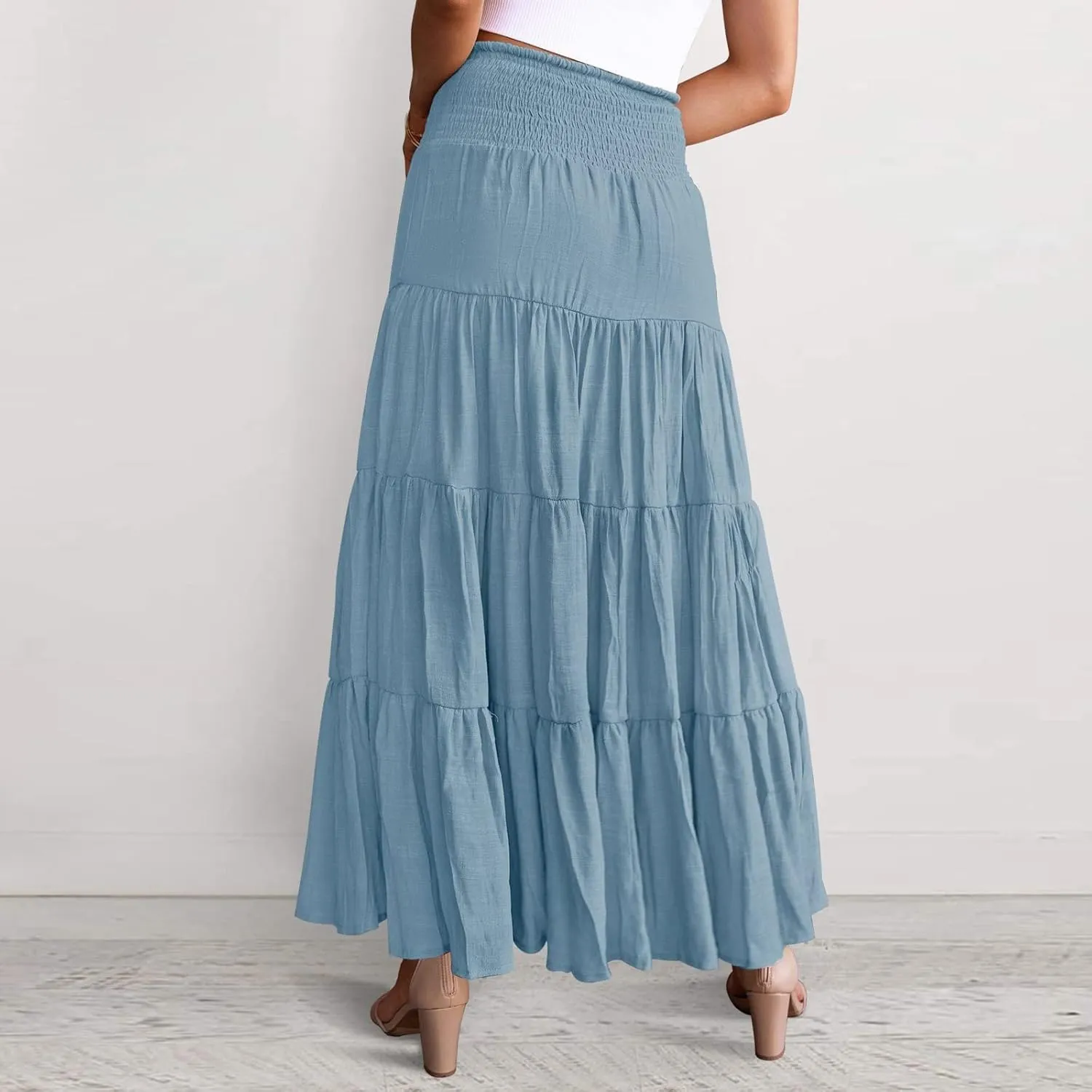 Denim Skirts Women's Summer Elastic High Waist Boho Maxi Skirt Casual Drawstring A Line Long Skirt High Skirt