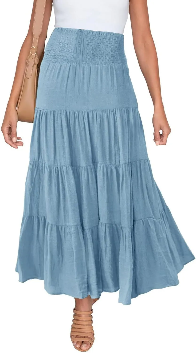 Denim Skirts Women's Summer Elastic High Waist Boho Maxi Skirt Casual Drawstring A Line Long Skirt High Skirt