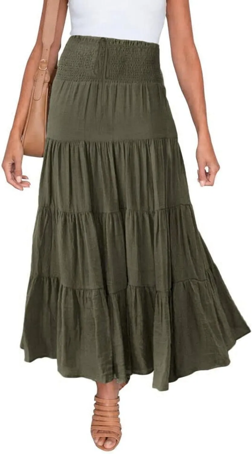 Denim Skirts Women's Summer Elastic High Waist Boho Maxi Skirt Casual Drawstring A Line Long Skirt High Skirt