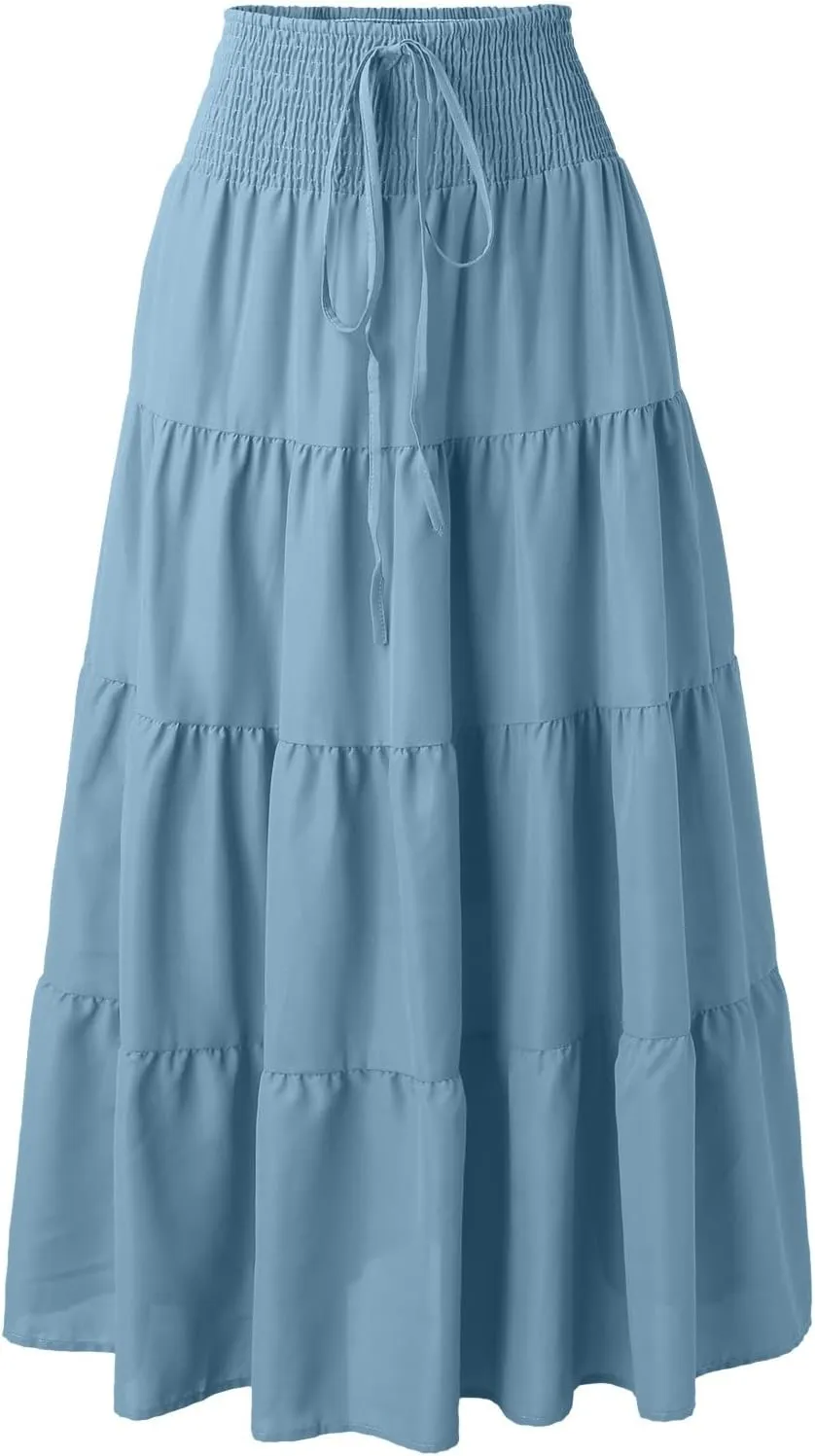 Denim Skirts Women's Summer Elastic High Waist Boho Maxi Skirt Casual Drawstring A Line Long Skirt High Skirt