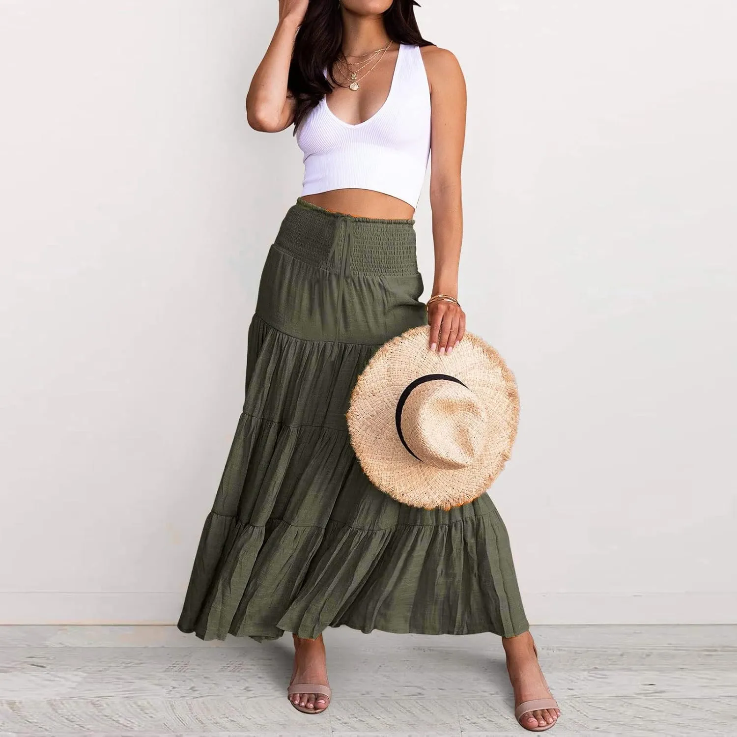 Denim Skirts Women's Summer Elastic High Waist Boho Maxi Skirt Casual Drawstring A Line Long Skirt High Skirt
