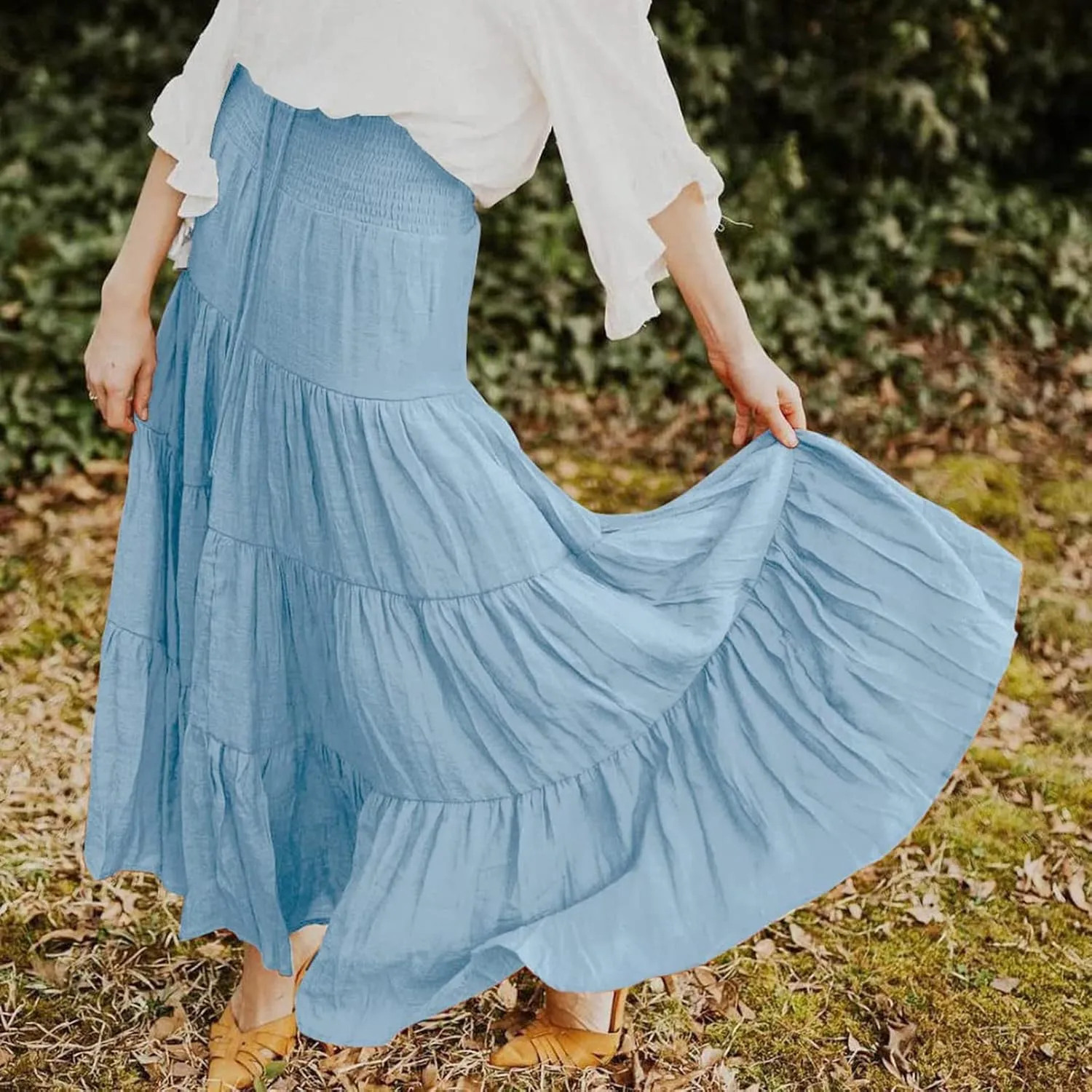 Denim Skirts Women's Summer Elastic High Waist Boho Maxi Skirt Casual Drawstring A Line Long Skirt High Skirt