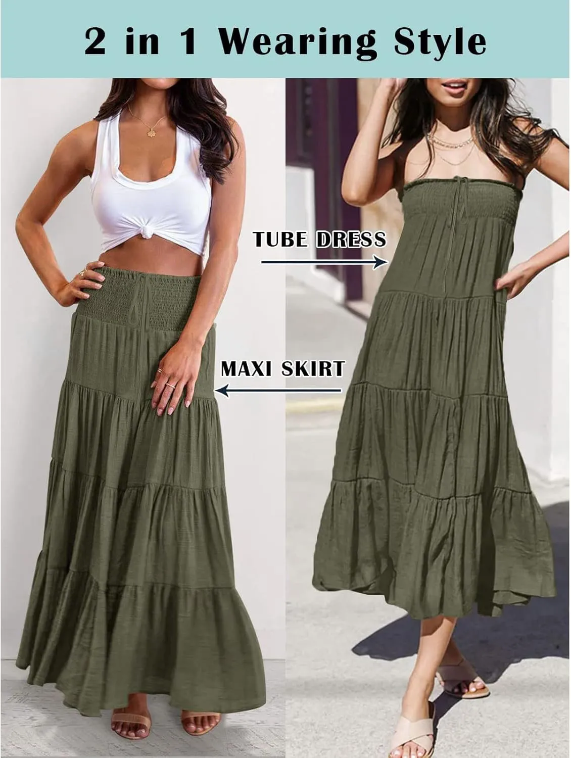 Denim Skirts Women's Summer Elastic High Waist Boho Maxi Skirt Casual Drawstring A Line Long Skirt High Skirt
