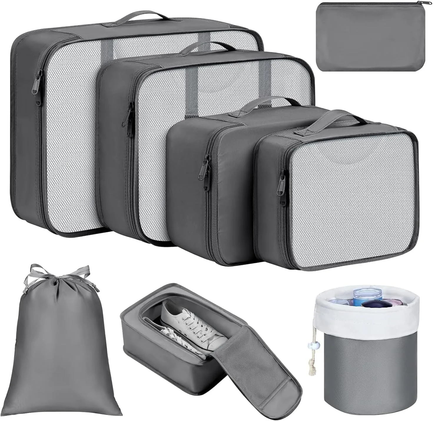 DIMJ Packing Cubes for Suitcase, Mesh Design Suitcase Packing Cubes Set Durable Travel Luggage Organizer, Lightweight Luggage Bags Organizers with Makeup Bag, Shoes Bag.Grey