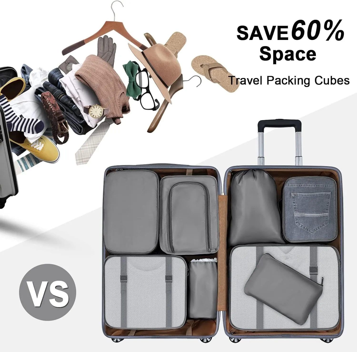 DIMJ Packing Cubes for Suitcase, Mesh Design Suitcase Packing Cubes Set Durable Travel Luggage Organizer, Lightweight Luggage Bags Organizers with Makeup Bag, Shoes Bag.Grey
