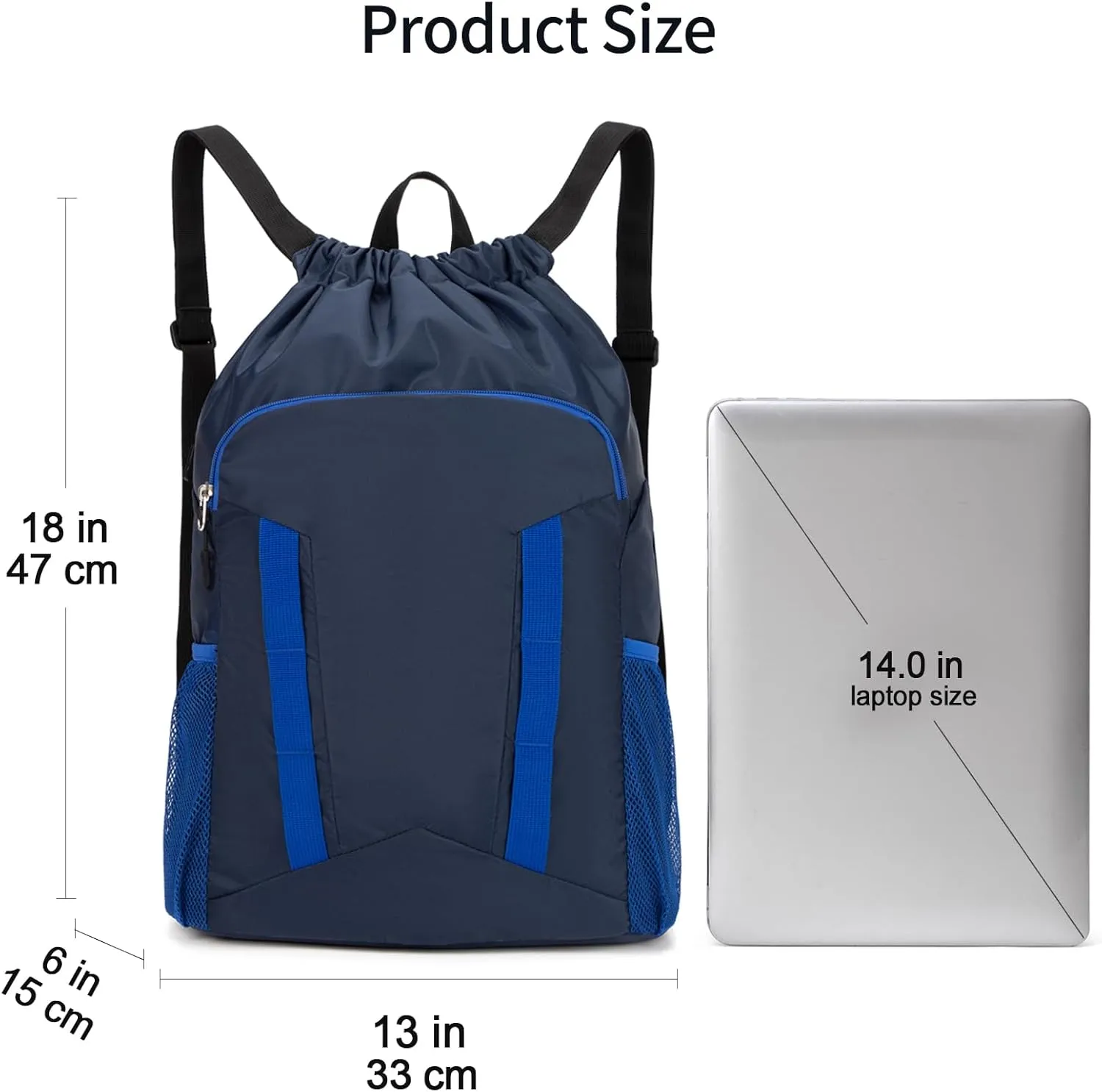 Drawstring Backpack for Kids Sports Gym Bag with Shoes Compartment, Water Resistant Beach Swim Bag String Backpack for Boys and Girls, Dark Blue