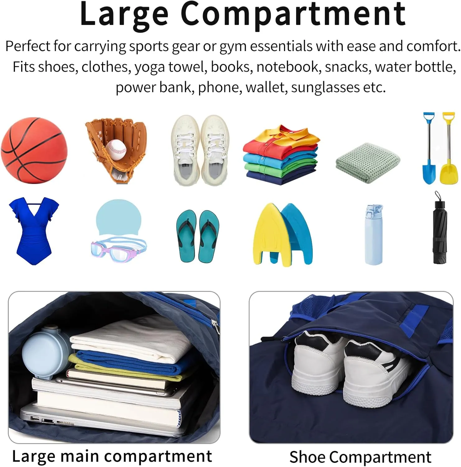 Drawstring Backpack for Kids Sports Gym Bag with Shoes Compartment, Water Resistant Beach Swim Bag String Backpack for Boys and Girls, Dark Blue