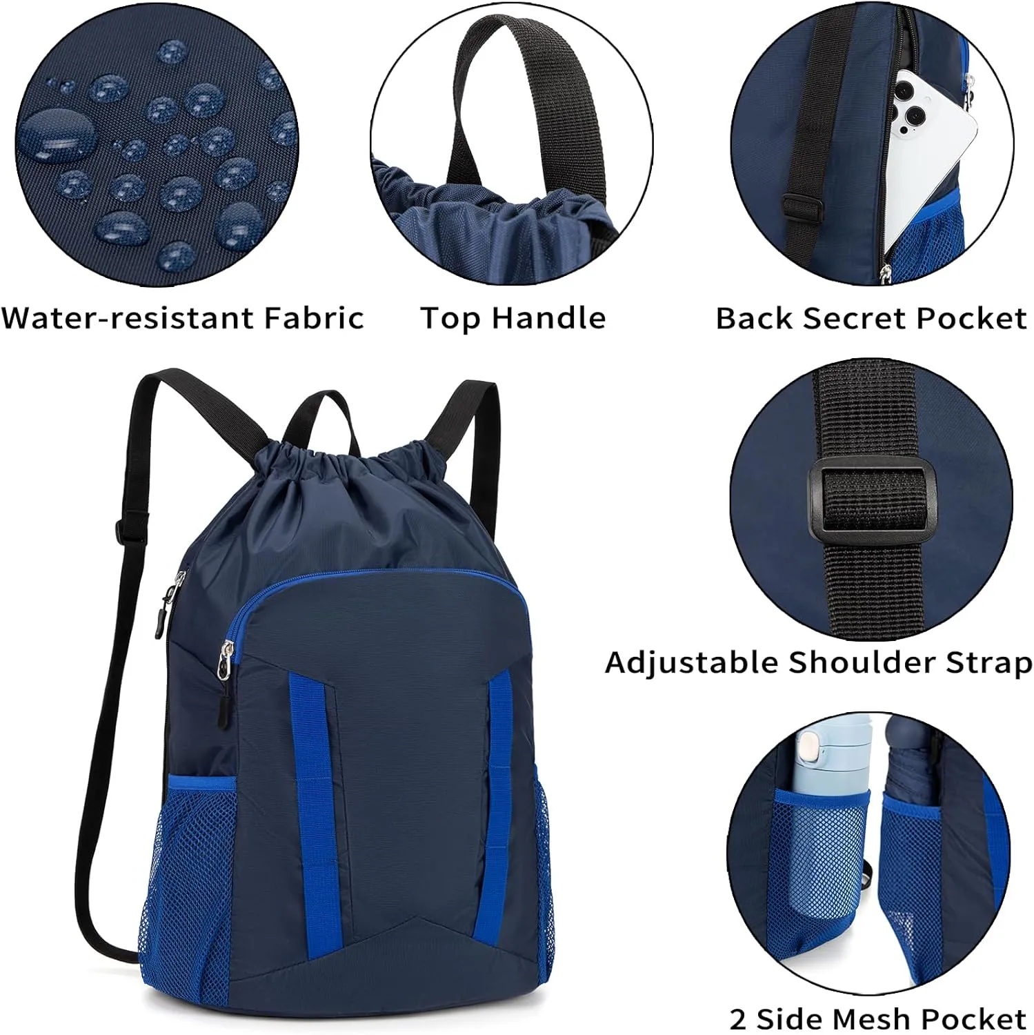 Drawstring Backpack for Kids Sports Gym Bag with Shoes Compartment, Water Resistant Beach Swim Bag String Backpack for Boys and Girls, Dark Blue