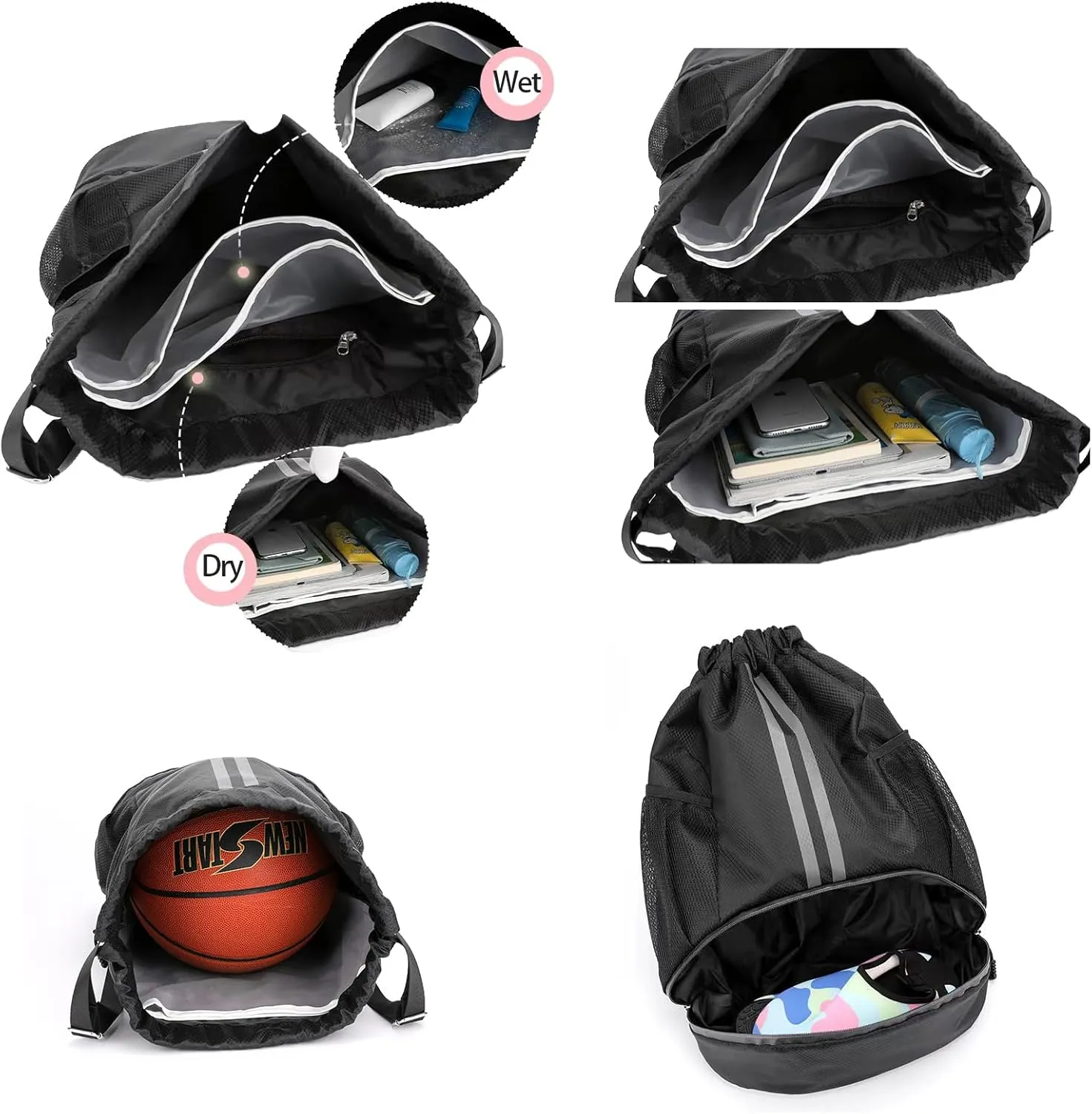 Drawstring Gym Bag for Men, Waterproof Drawstring Backpack for Women, Swim Backpack with Shoes Compartment, Pull String Sport Bag for Soccer and Basketball. (Dark Blue)