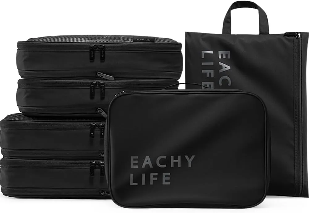 EACHY 6 Set Compression Packing Cubes for Travel & Carry-On, Space-Saving Luggage Organizers & Compression Bags for Clothes & Shoes, Ideal for Vacation & Cruise Essentials