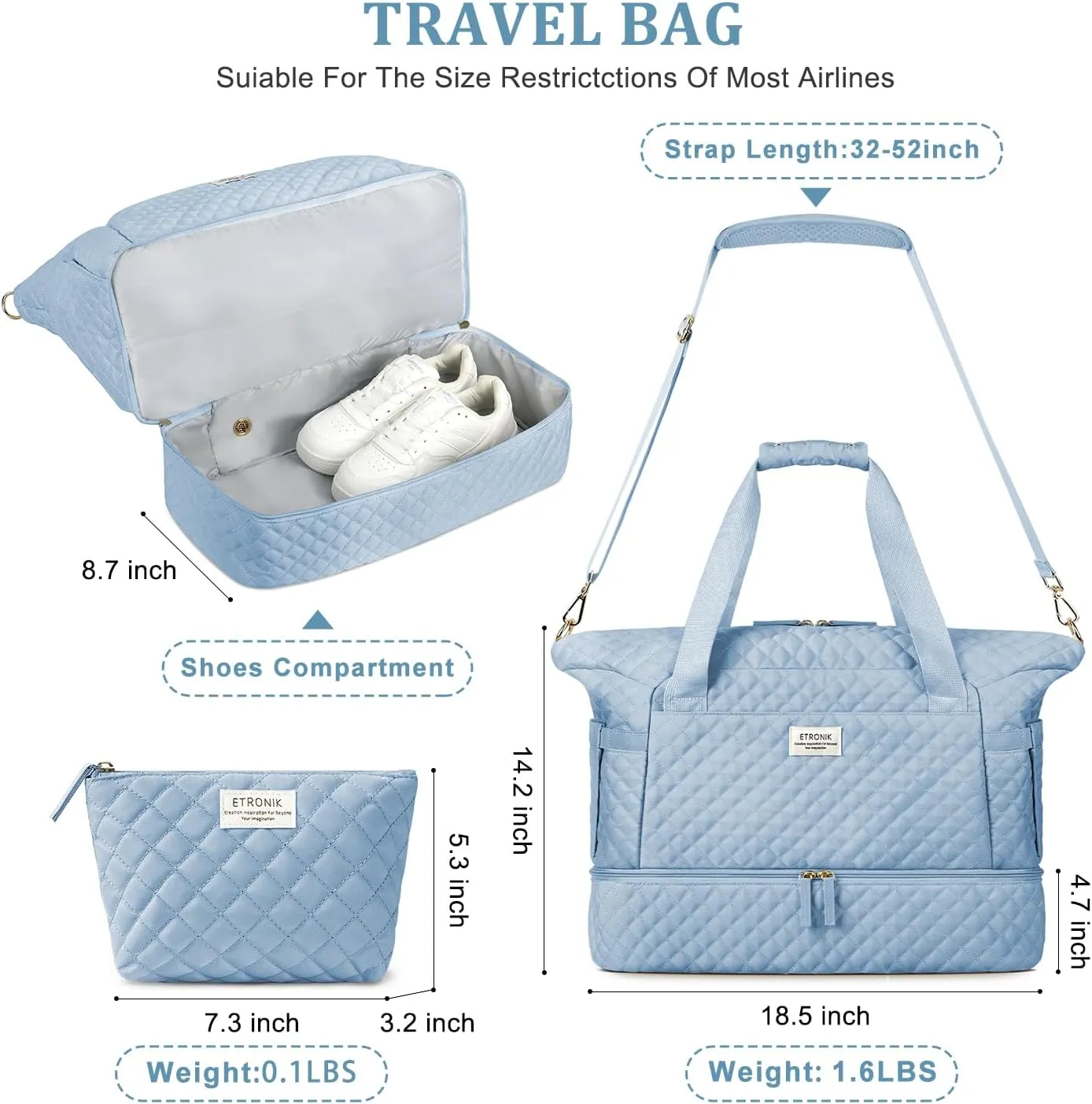 ETRONIK Travel Bag for Women, Gym Duffel Bag with Shoes Compartment, Weekender Overnight Bag with Wet Pocket for Women Travel Gym Daily Use (Blue)