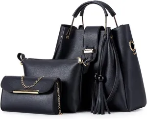 Fashion Women Bucket Handbag Large Capacity PU Leather Shoulder Bag Female Wild 3 Pcs Set Retro Tote Tassel