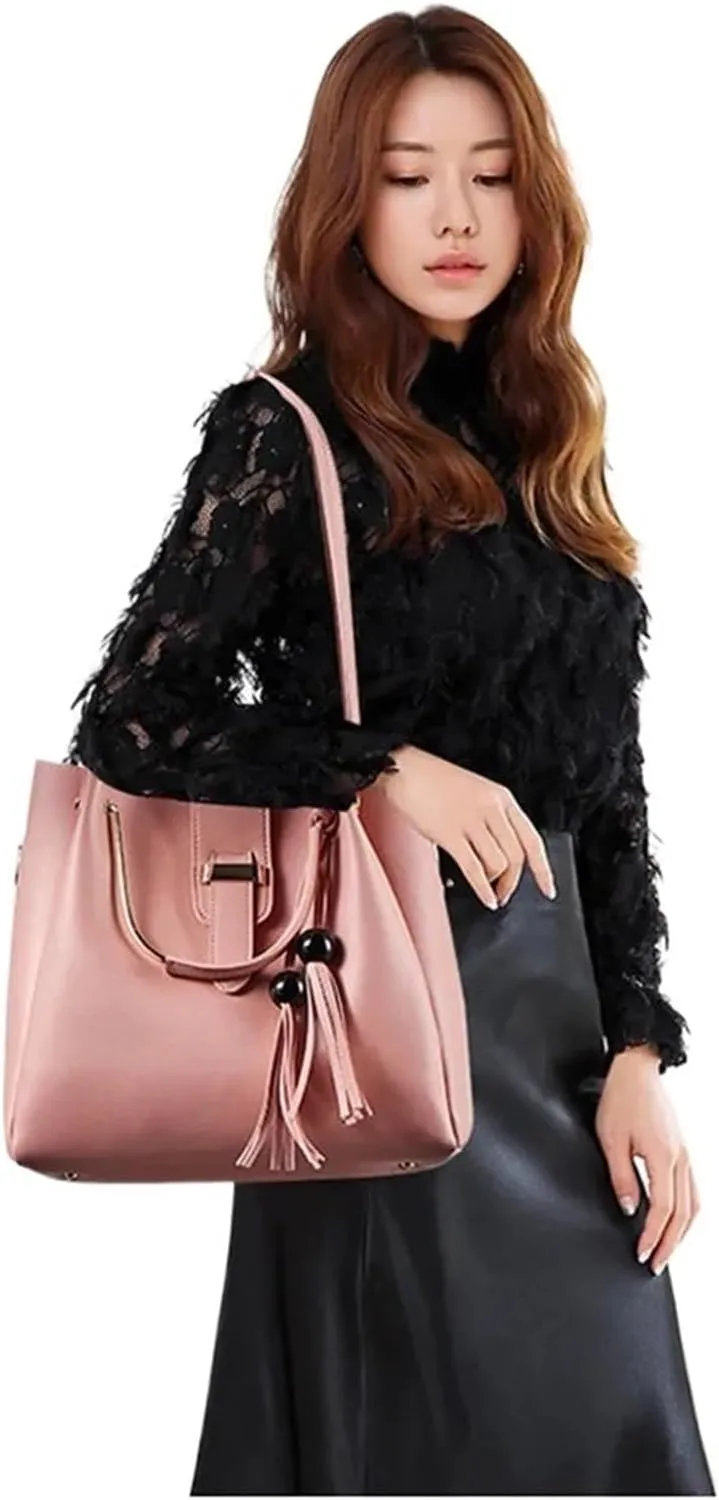 Fashion Women Bucket Handbag Large Capacity PU Leather Shoulder Bag Female Wild 3 Pcs Set Retro Tote Tassel