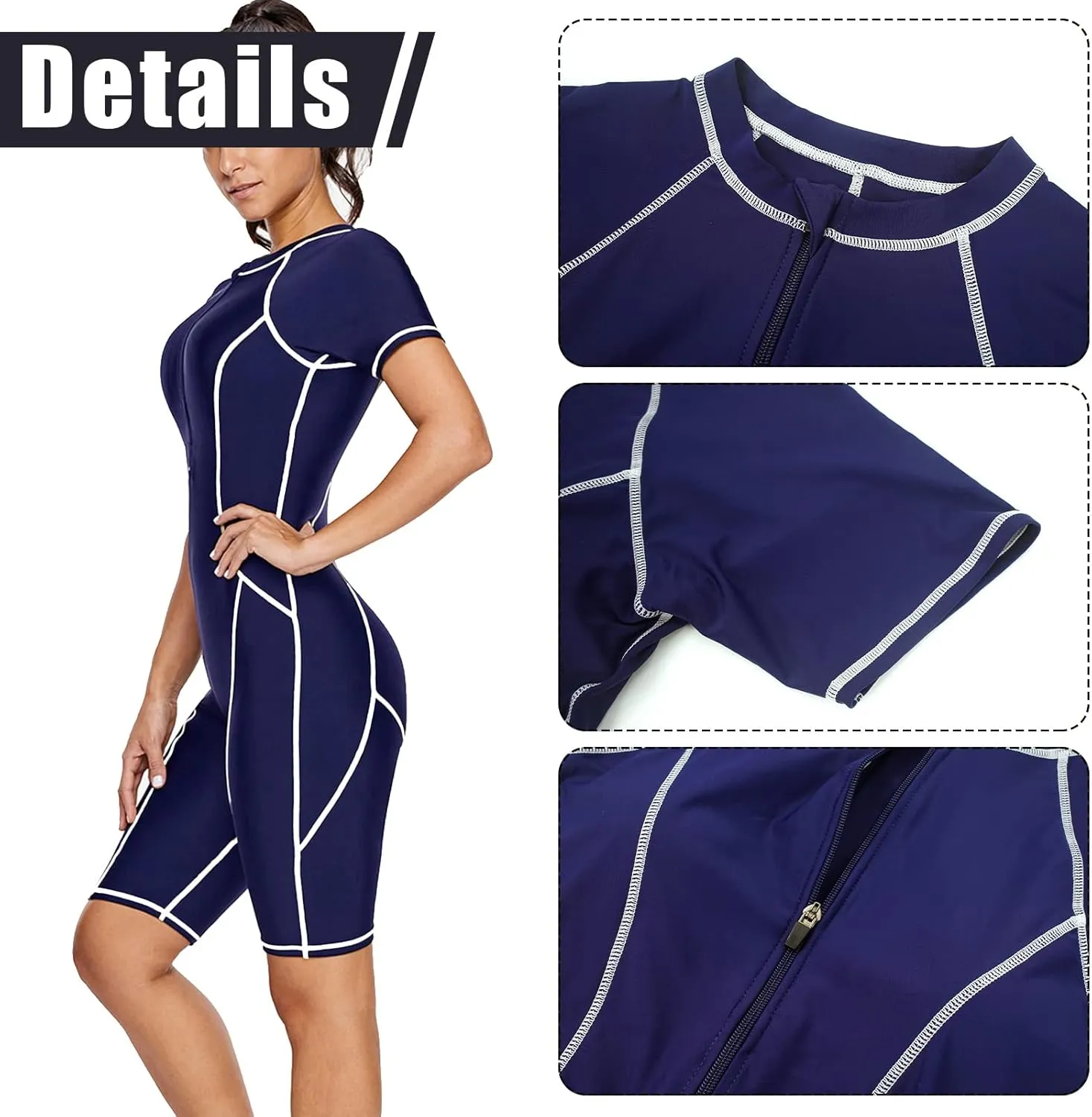 FEOYA Women One Piece Modest Swimsuit Boyshort Short Sleeve Rashguard Contrast Line Snorkel Surf Suit Sport Bathing Suit