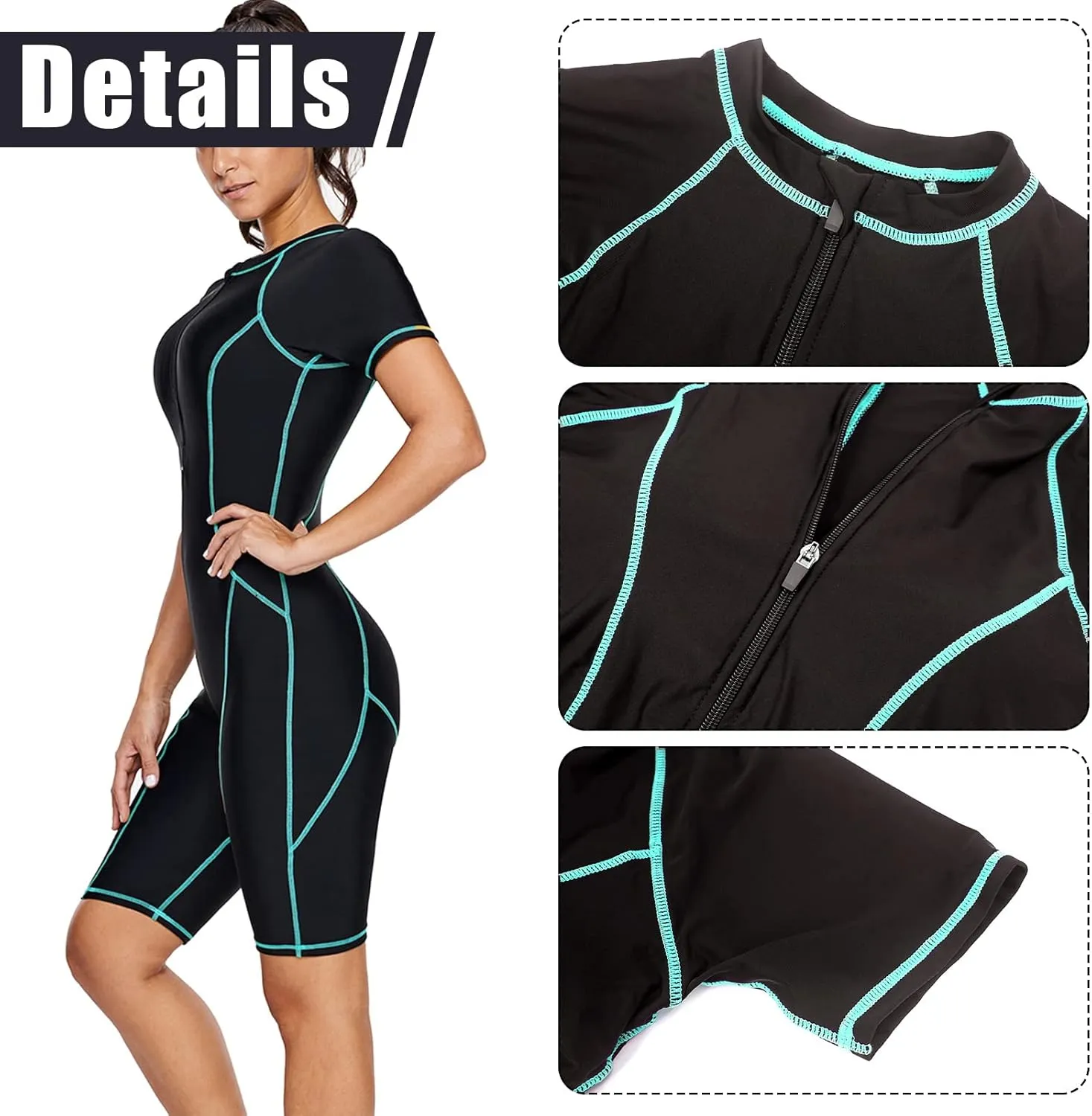 FEOYA Women One Piece Modest Swimsuit Boyshort Short Sleeve Rashguard Contrast Line Snorkel Surf Suit Sport Bathing Suit