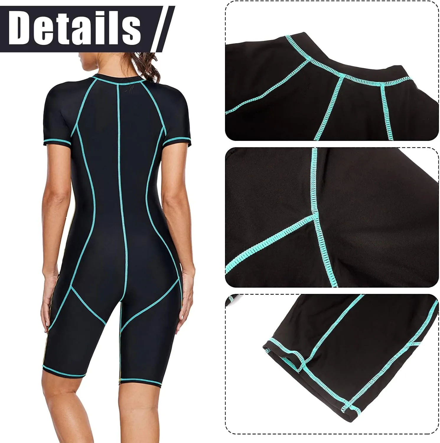 FEOYA Women One Piece Modest Swimsuit Boyshort Short Sleeve Rashguard Contrast Line Snorkel Surf Suit Sport Bathing Suit