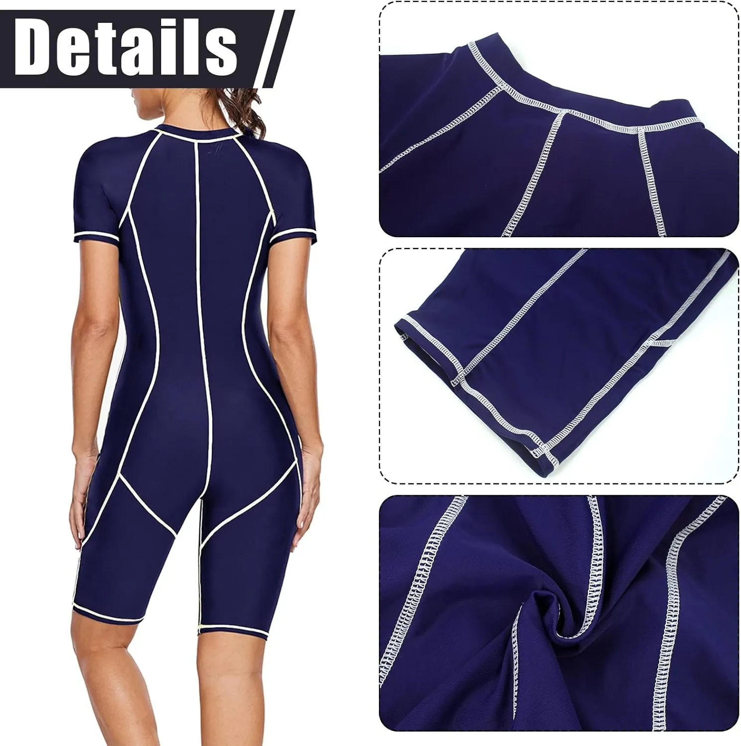 FEOYA Women One Piece Modest Swimsuit Boyshort Short Sleeve Rashguard Contrast Line Snorkel Surf Suit Sport Bathing Suit