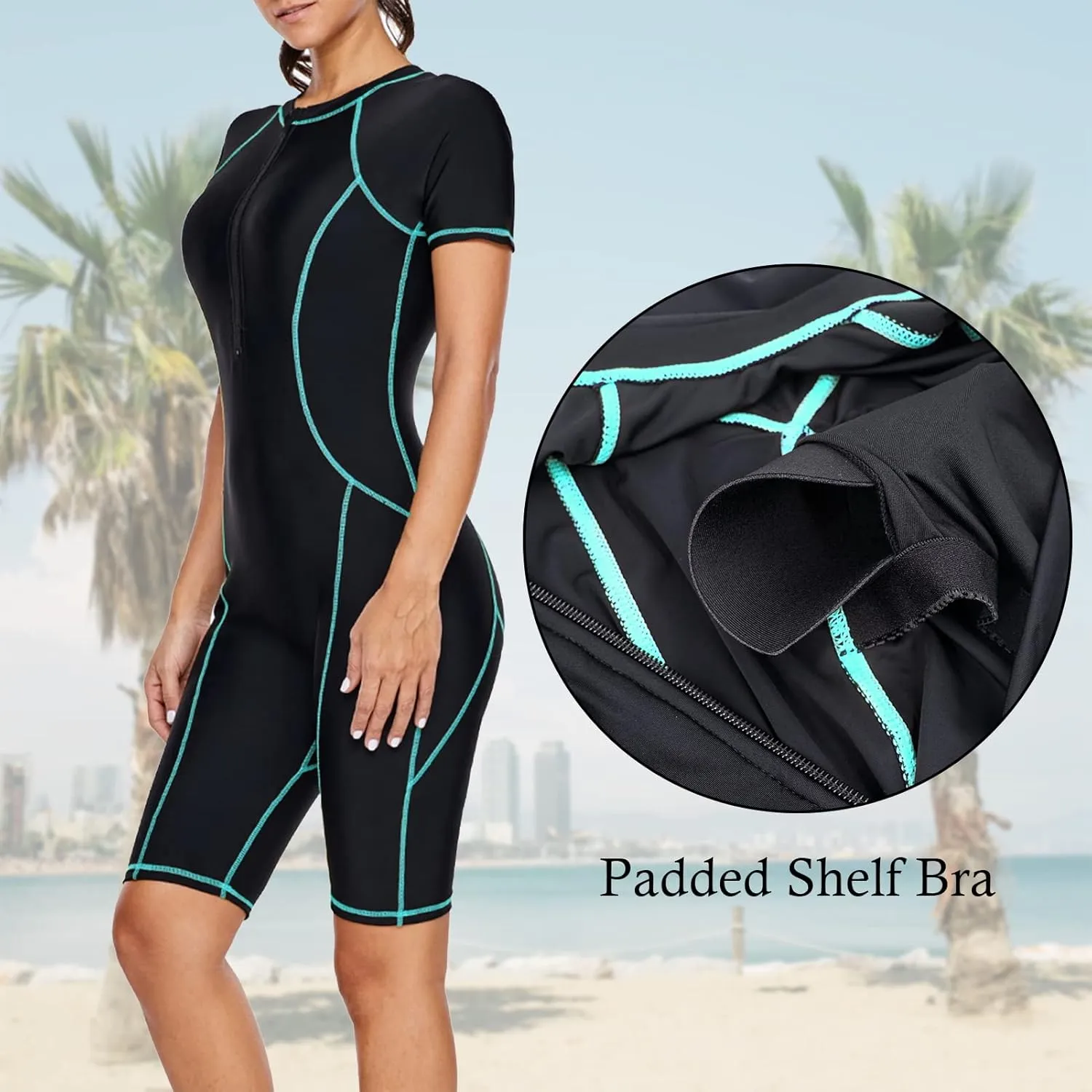 FEOYA Women One Piece Modest Swimsuit Boyshort Short Sleeve Rashguard Contrast Line Snorkel Surf Suit Sport Bathing Suit