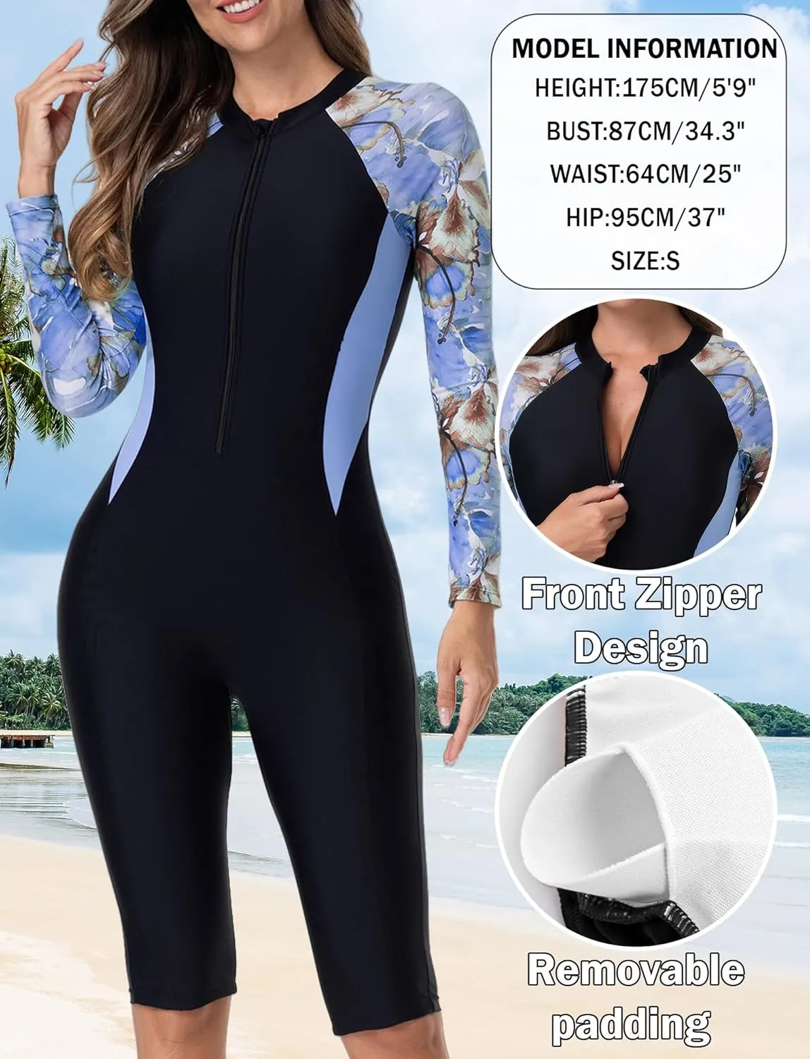 FEOYA Women Zip Front Rash Guard Colorblock Patchwork Swimsuit One Piece Monokini Boyleg Swimwear