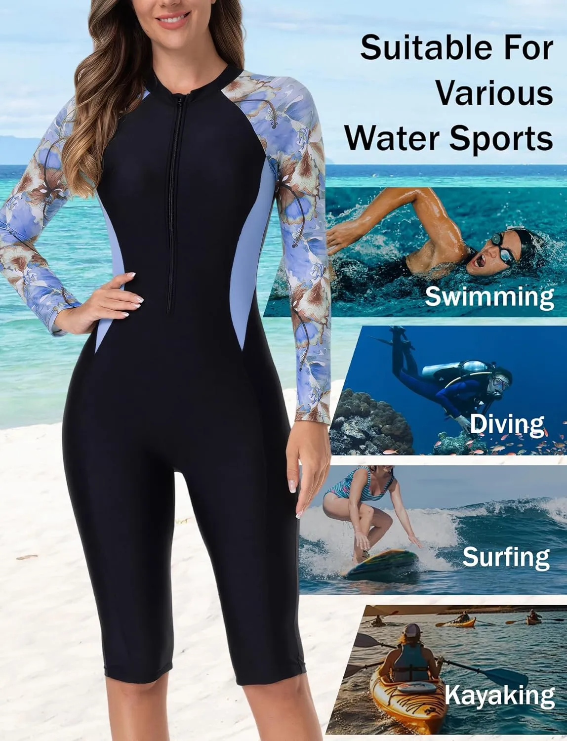 FEOYA Women Zip Front Rash Guard Colorblock Patchwork Swimsuit One Piece Monokini Boyleg Swimwear