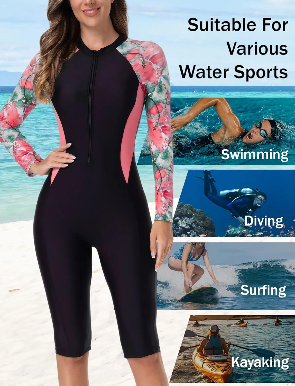 FEOYA Women Zip Front Rash Guard Colorblock Patchwork Swimsuit One Piece Monokini Boyleg Swimwear