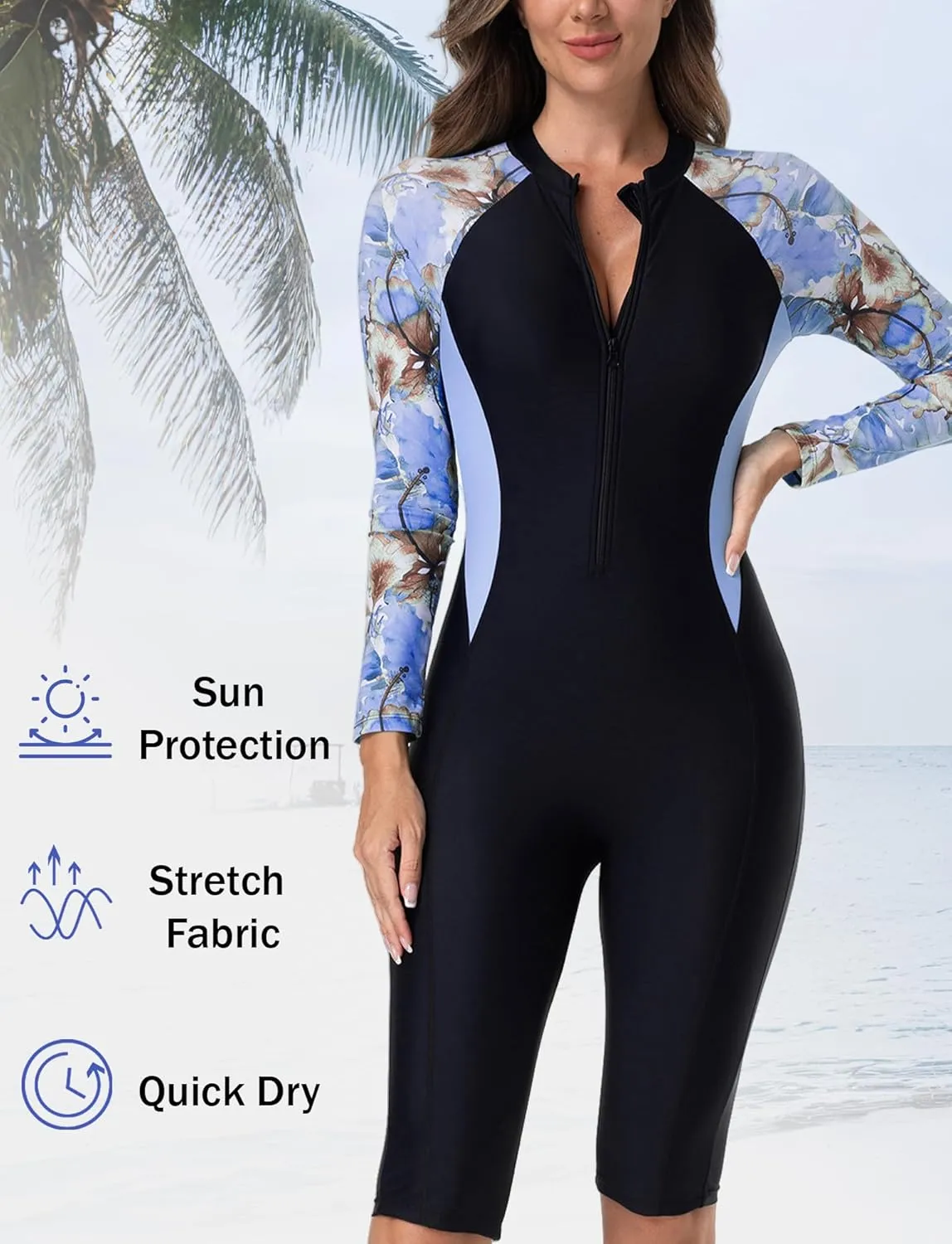 FEOYA Women Zip Front Rash Guard Colorblock Patchwork Swimsuit One Piece Monokini Boyleg Swimwear
