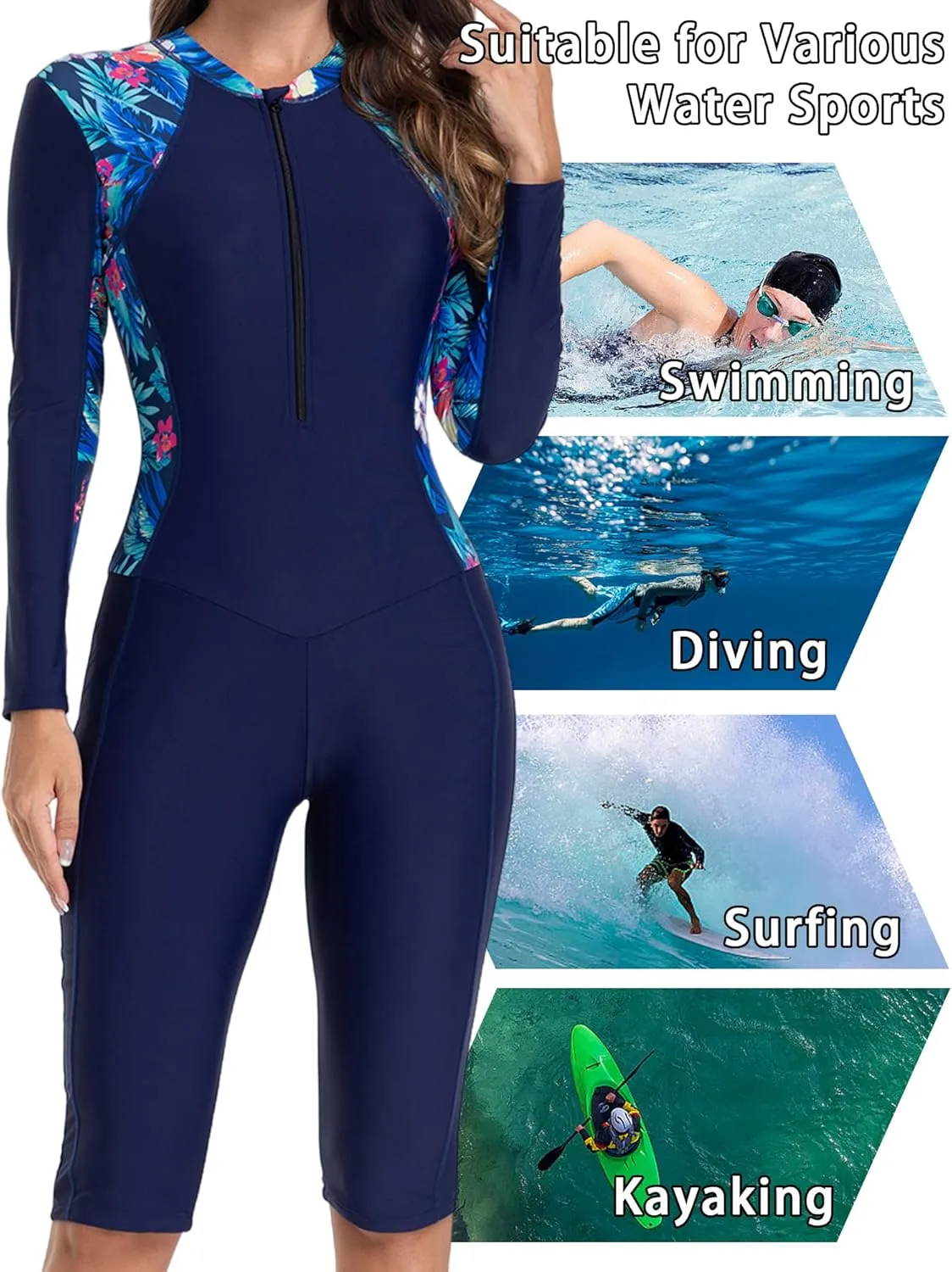 FEOYA Women Zip Front Rash Guard Colorblock Patchwork Swimsuit One Piece Monokini Boyleg Swimwear