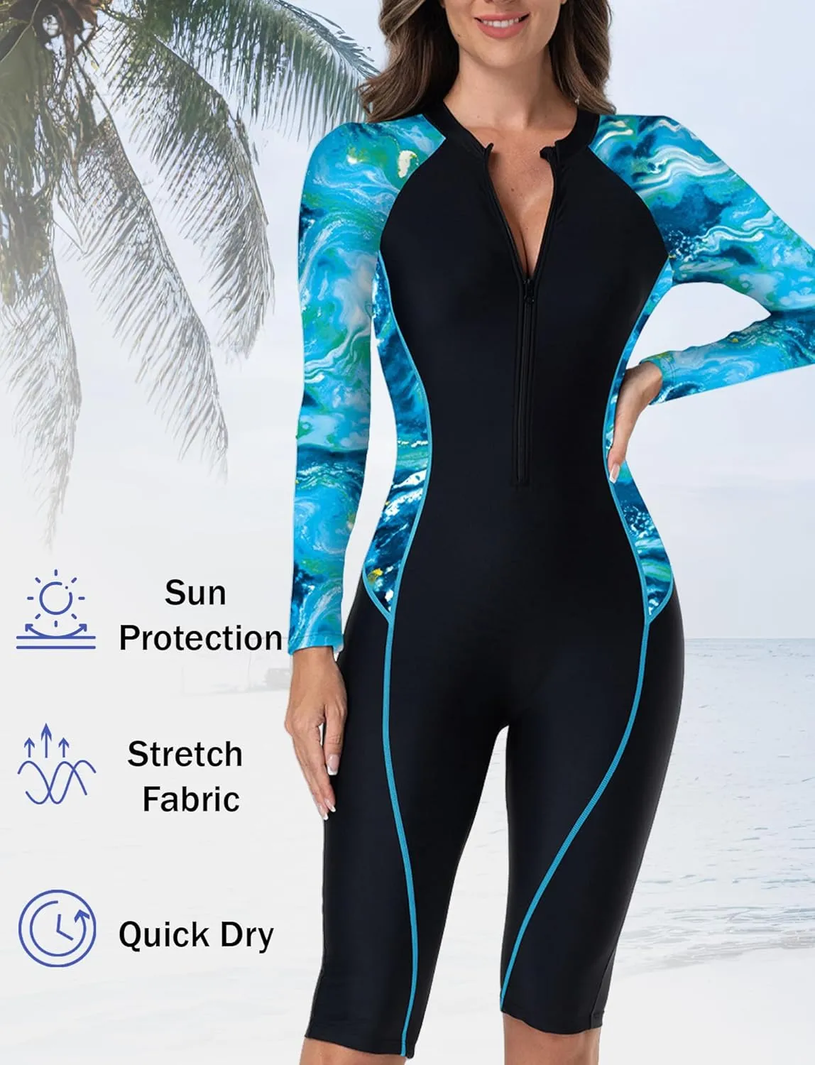 FEOYA Women Zip Front Rash Guard Colorblock Patchwork Swimsuit One Piece Monokini Boyleg Swimwear