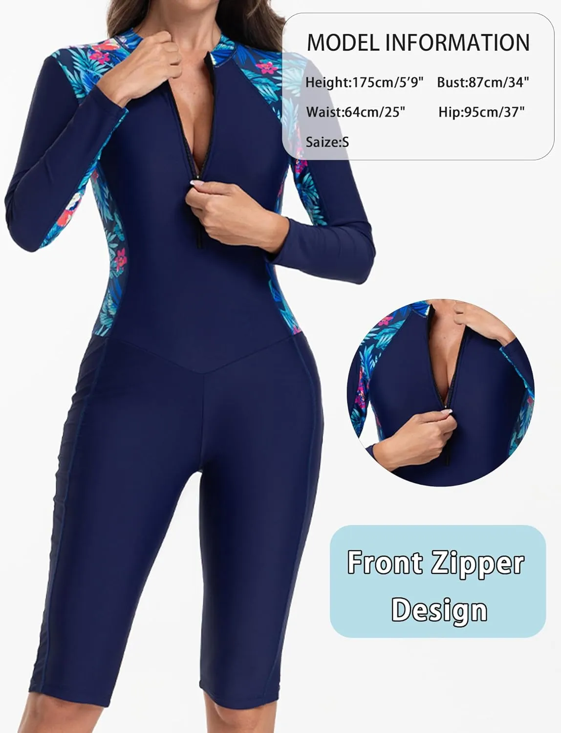 FEOYA Women Zip Front Rash Guard Colorblock Patchwork Swimsuit One Piece Monokini Boyleg Swimwear