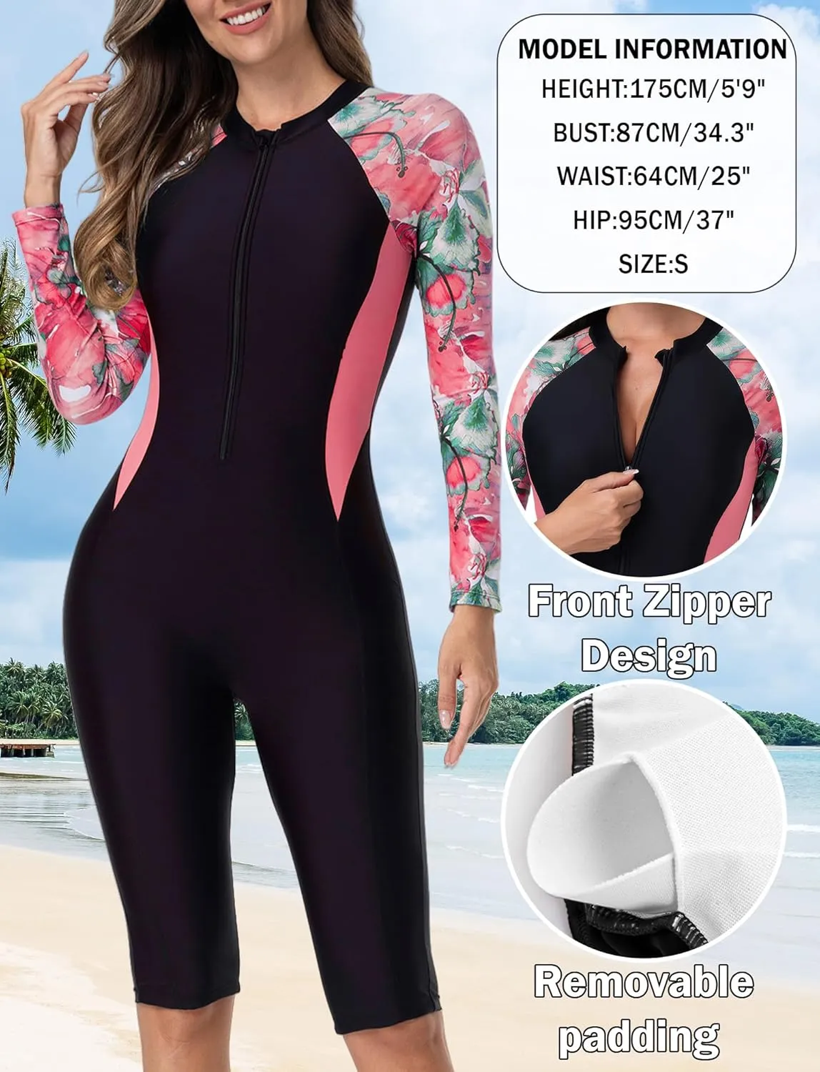 FEOYA Women Zip Front Rash Guard Colorblock Patchwork Swimsuit One Piece Monokini Boyleg Swimwear