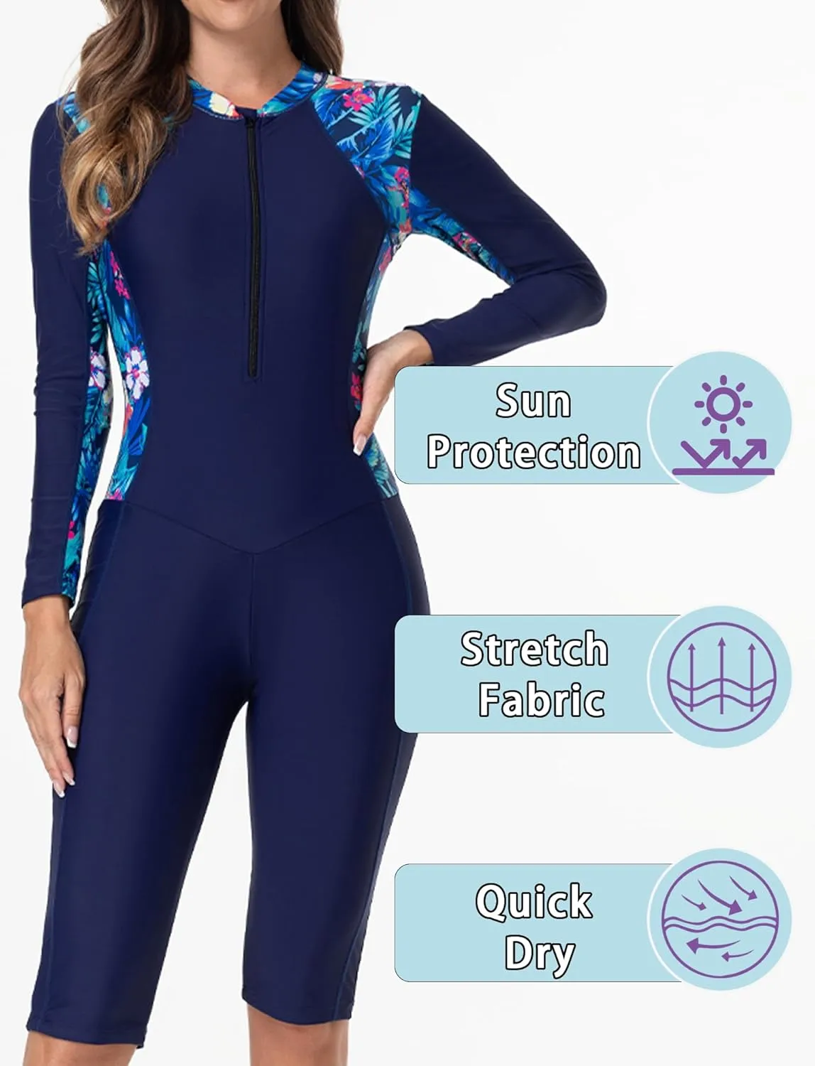 FEOYA Women Zip Front Rash Guard Colorblock Patchwork Swimsuit One Piece Monokini Boyleg Swimwear
