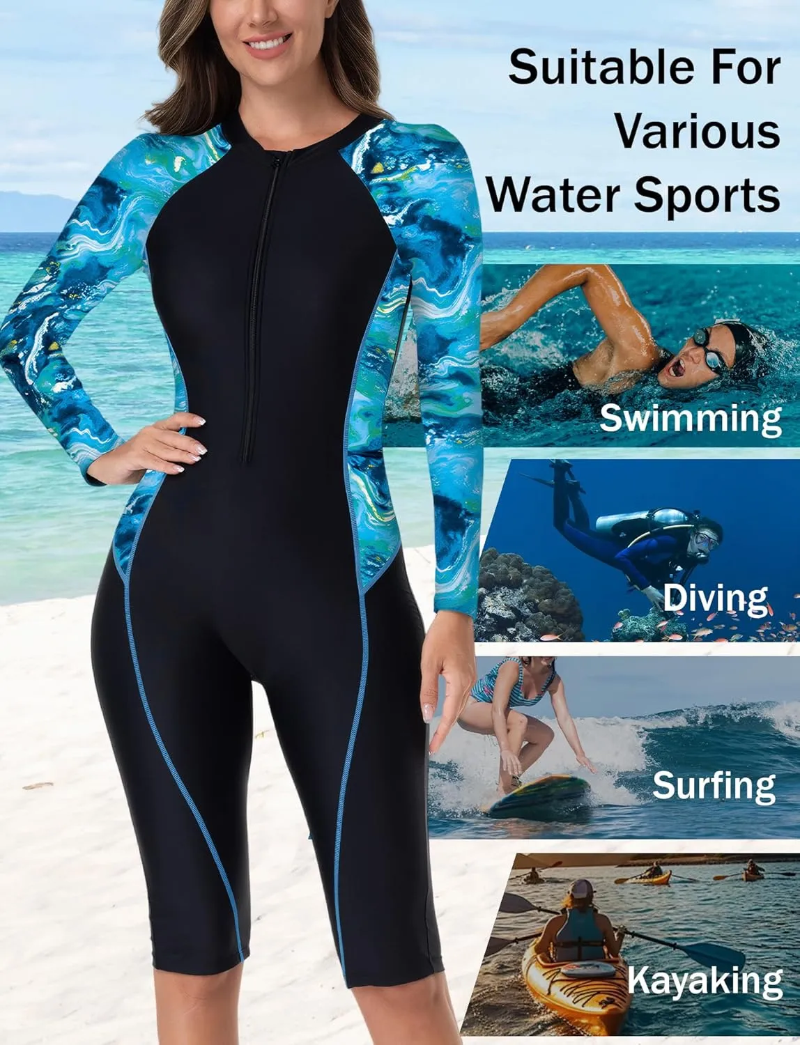 FEOYA Women Zip Front Rash Guard Colorblock Patchwork Swimsuit One Piece Monokini Boyleg Swimwear