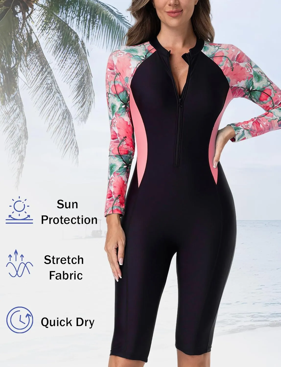FEOYA Women Zip Front Rash Guard Colorblock Patchwork Swimsuit One Piece Monokini Boyleg Swimwear