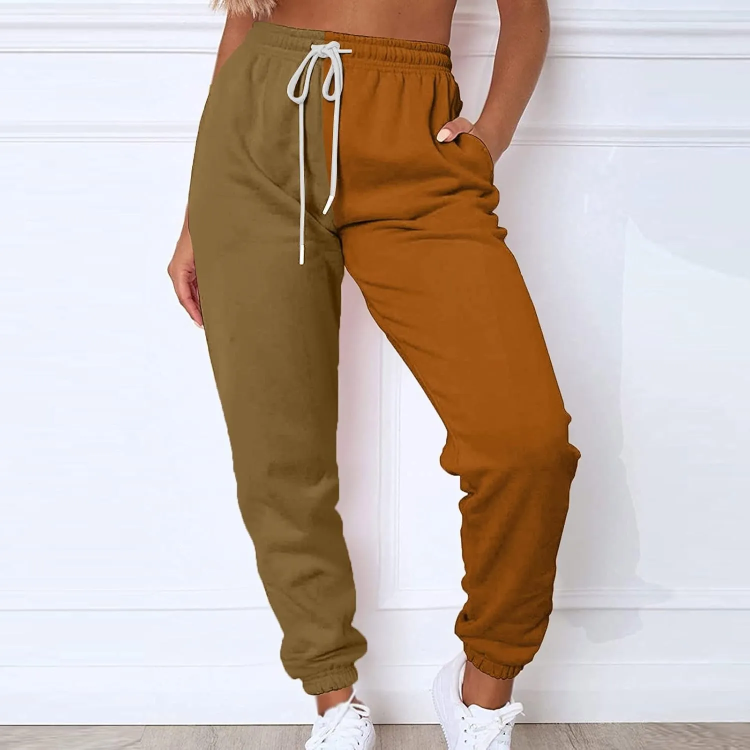 Fleece Straight Leg Sweatpants for Women Elastic High Waisted Joggers with Pockets Lightweight Cinch Bottom Trousers