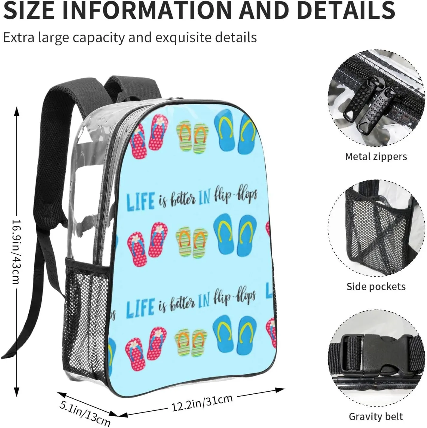Flip Flops Beach Shoes Large Clear Backpack,Thick Pvc Clear Bag For Sports Event, Concert,Festival Suitable Adult