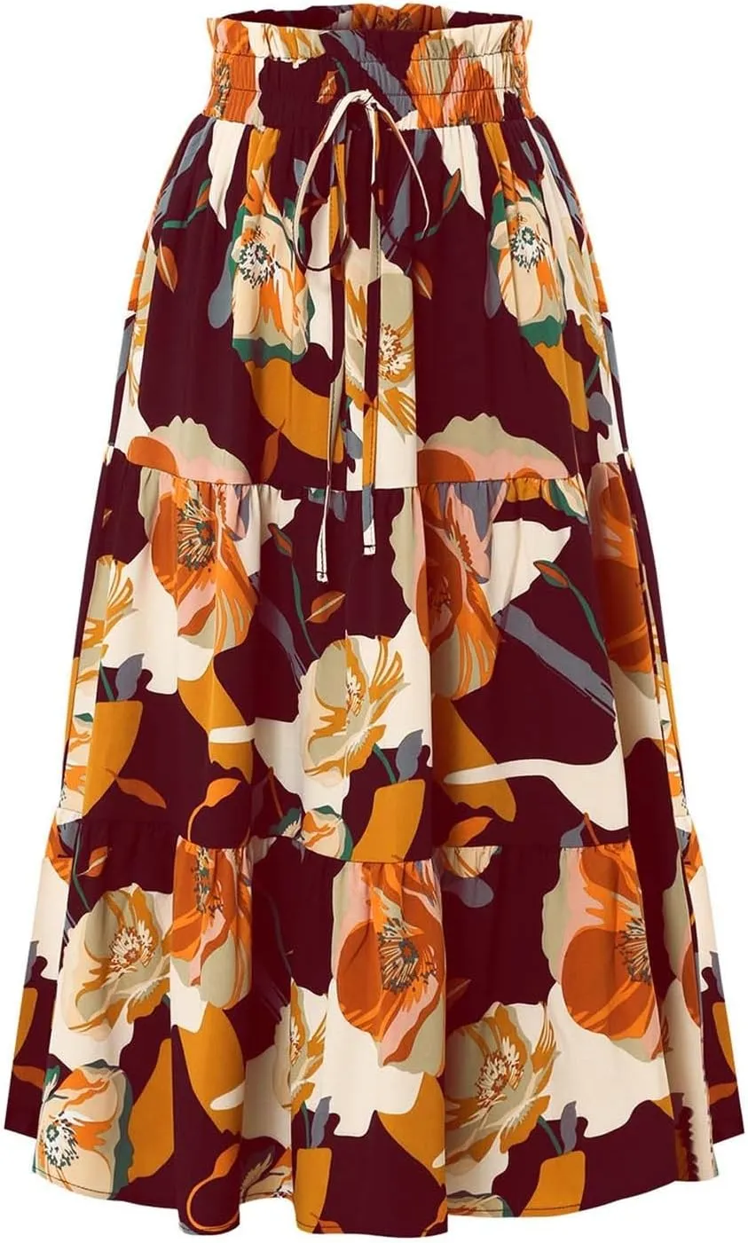 Floral Maxi Skirt for Women Tiered Boho High Waisted Pleated Midi Skirt Flowy A-Line Cute Spring Summer Long Skirts