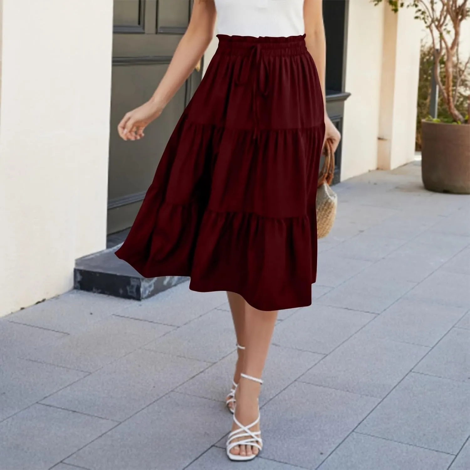 Floral Maxi Skirts for Women High Waisted Ankle Length Flared Skirt Drawstring Casual Boho Flowy A-Line Skirts