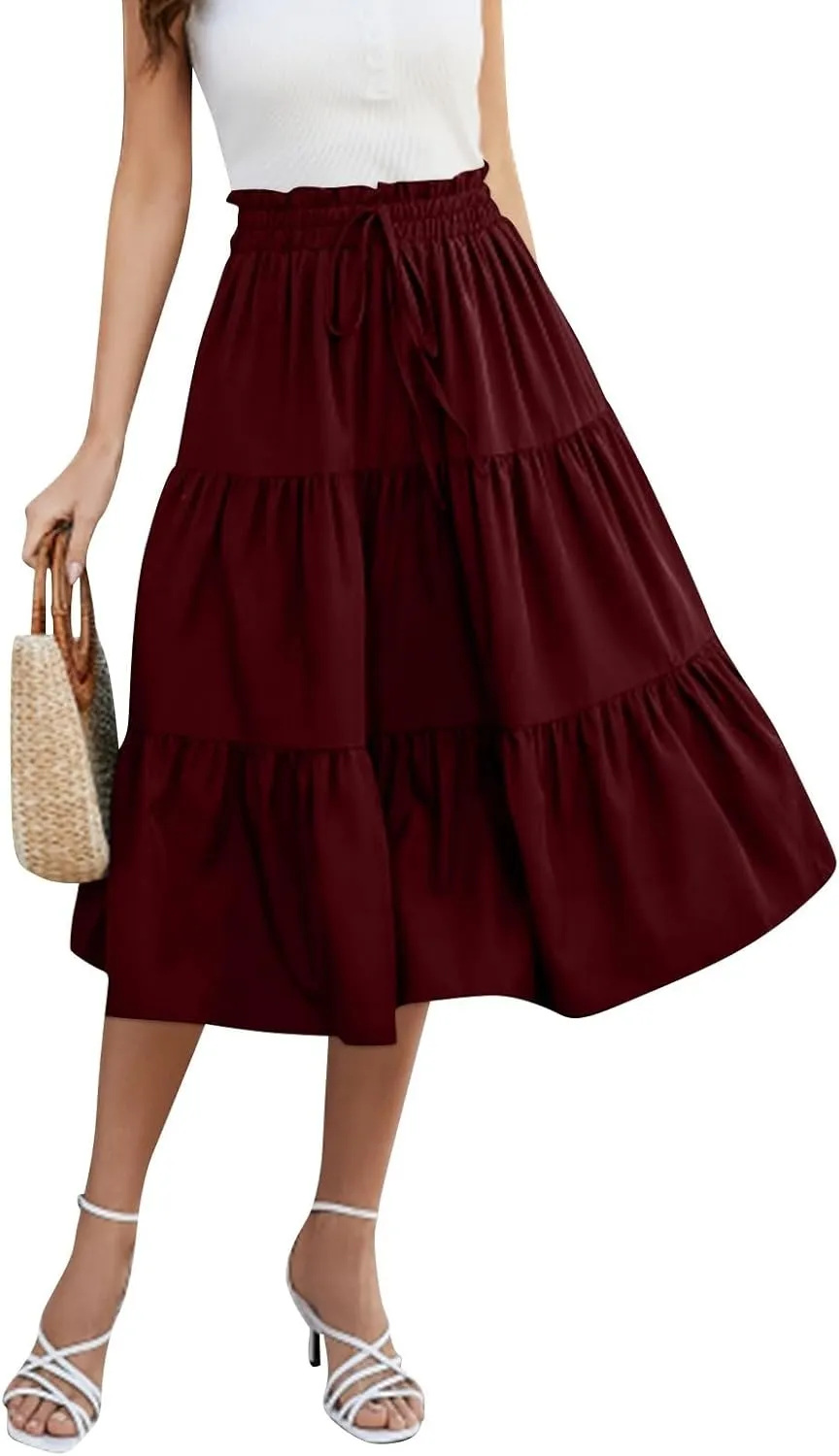 Floral Maxi Skirts for Women High Waisted Ankle Length Flared Skirt Drawstring Casual Boho Flowy A-Line Skirts