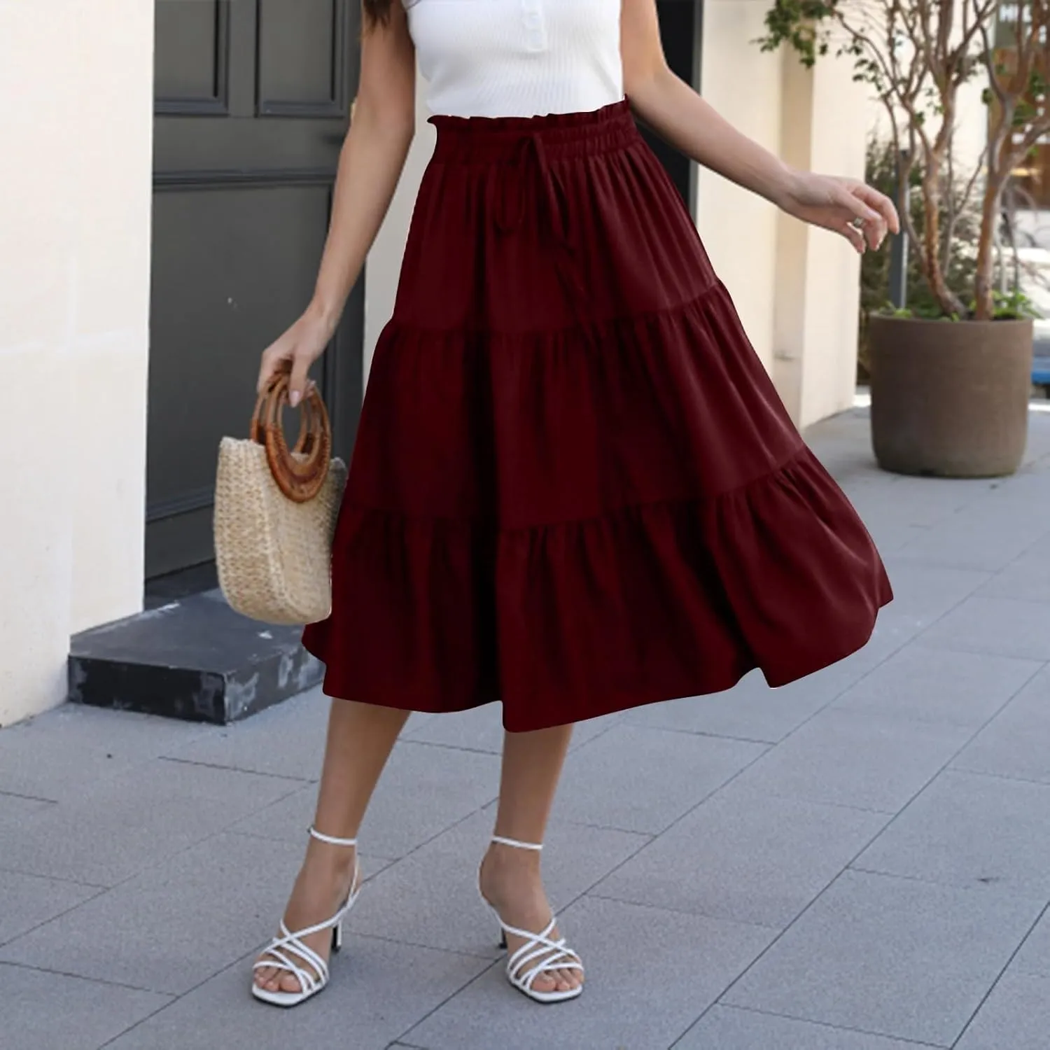 Floral Maxi Skirts for Women High Waisted Ankle Length Flared Skirt Drawstring Casual Boho Flowy A-Line Skirts