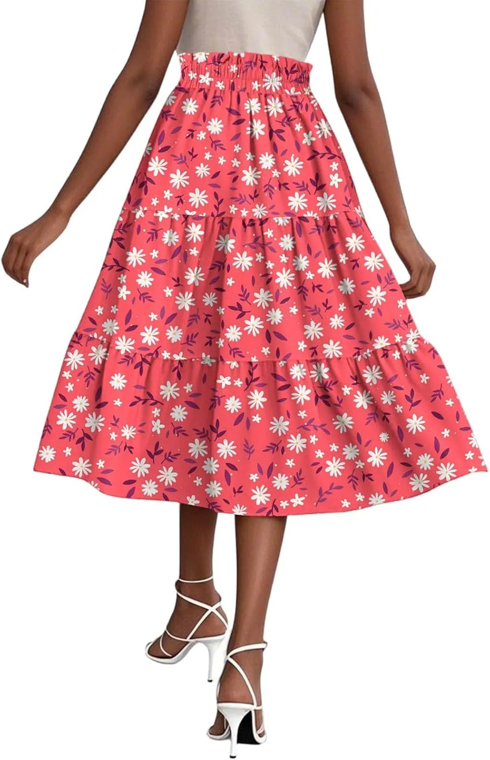 Floral Midi Skirts for Women Summer Comfy Tiered Elastic High Waisted Skirts Vacation A Line Flowy Swing Maxi Skirt