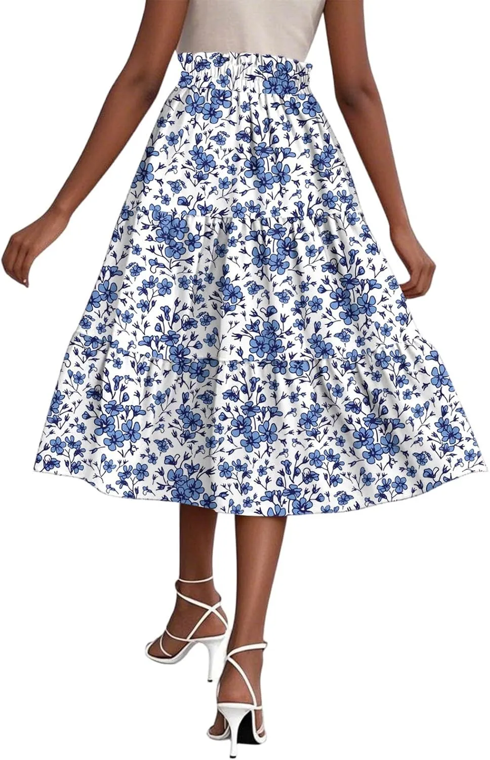 Floral Midi Skirts for Women Summer Comfy Tiered Elastic High Waisted Skirts Vacation A Line Flowy Swing Maxi Skirt