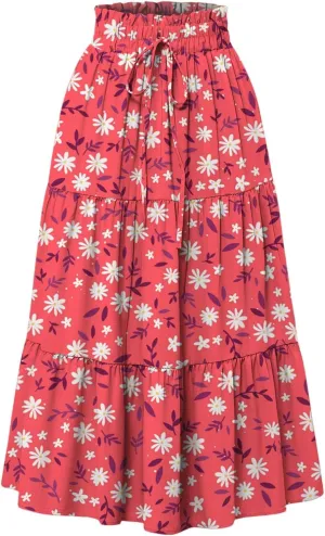 Floral Midi Skirts for Women Summer Comfy Tiered Elastic High Waisted Skirts Vacation A Line Flowy Swing Maxi Skirt
